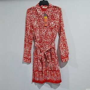 Tory Burch Red and White Long Sleeve Dress